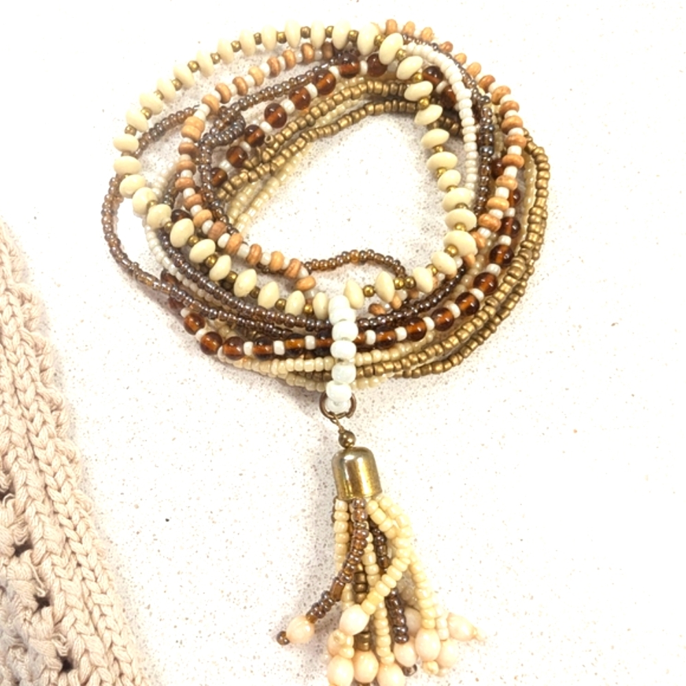 Boho"Bundle",X3 Cream and Coral Floral Tote Bag wth Fringe Earrings/Bead Bracele - Picture 5 of 9